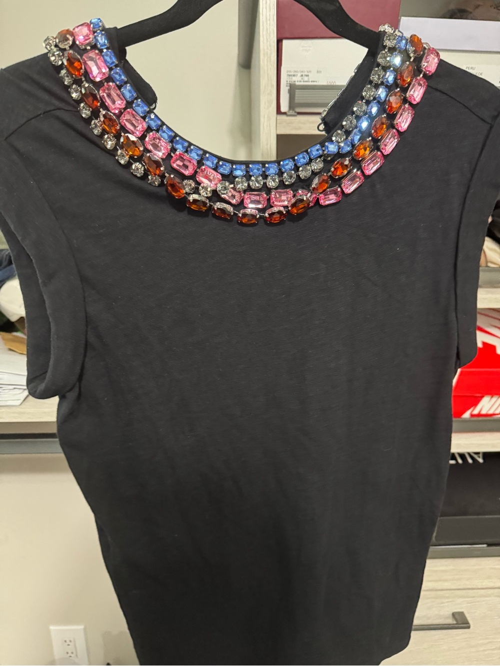 cinq a sept Black Tank with Multicolor Jeweled Collar